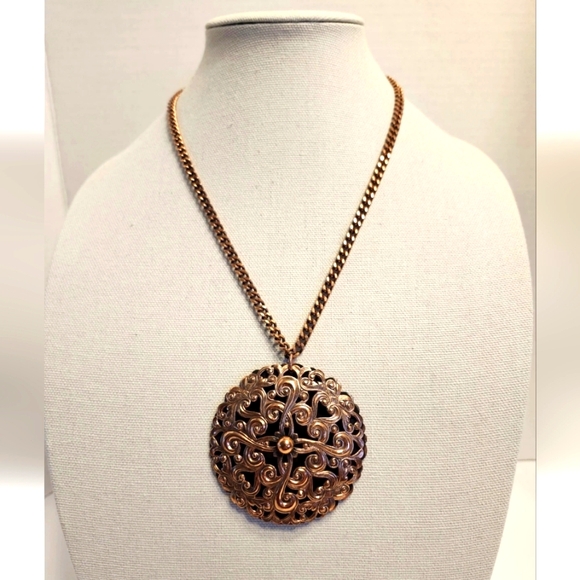 Vintage RENOIR Copper Scroll Medallion Pendant Necklace Open Work - Picture 1 of 12